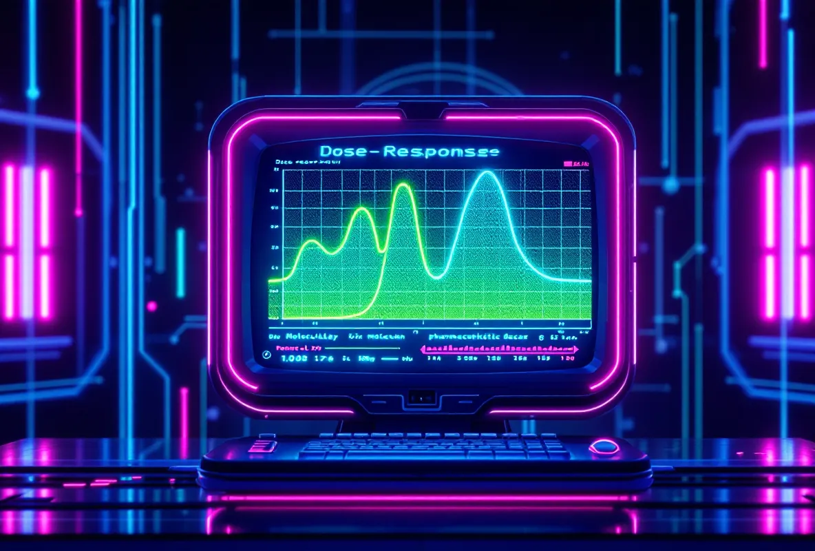 Retro neon terminal showing abstract dose-response and pharmacokinetic curves