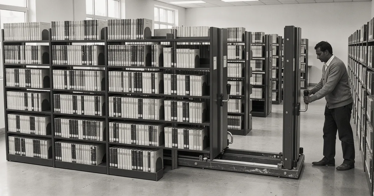 Library staff member opening compact shelves filled with bound journal volumes