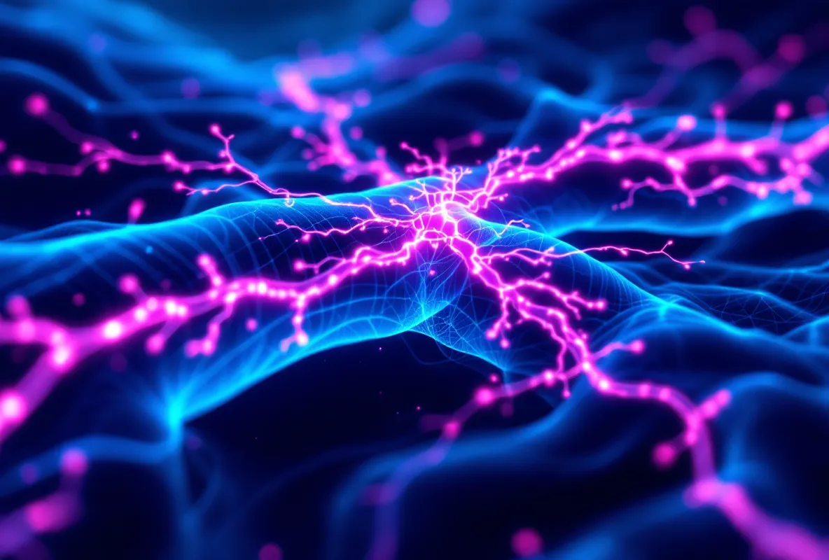 Neon wireframe abstraction of tissue repair and branching vessels