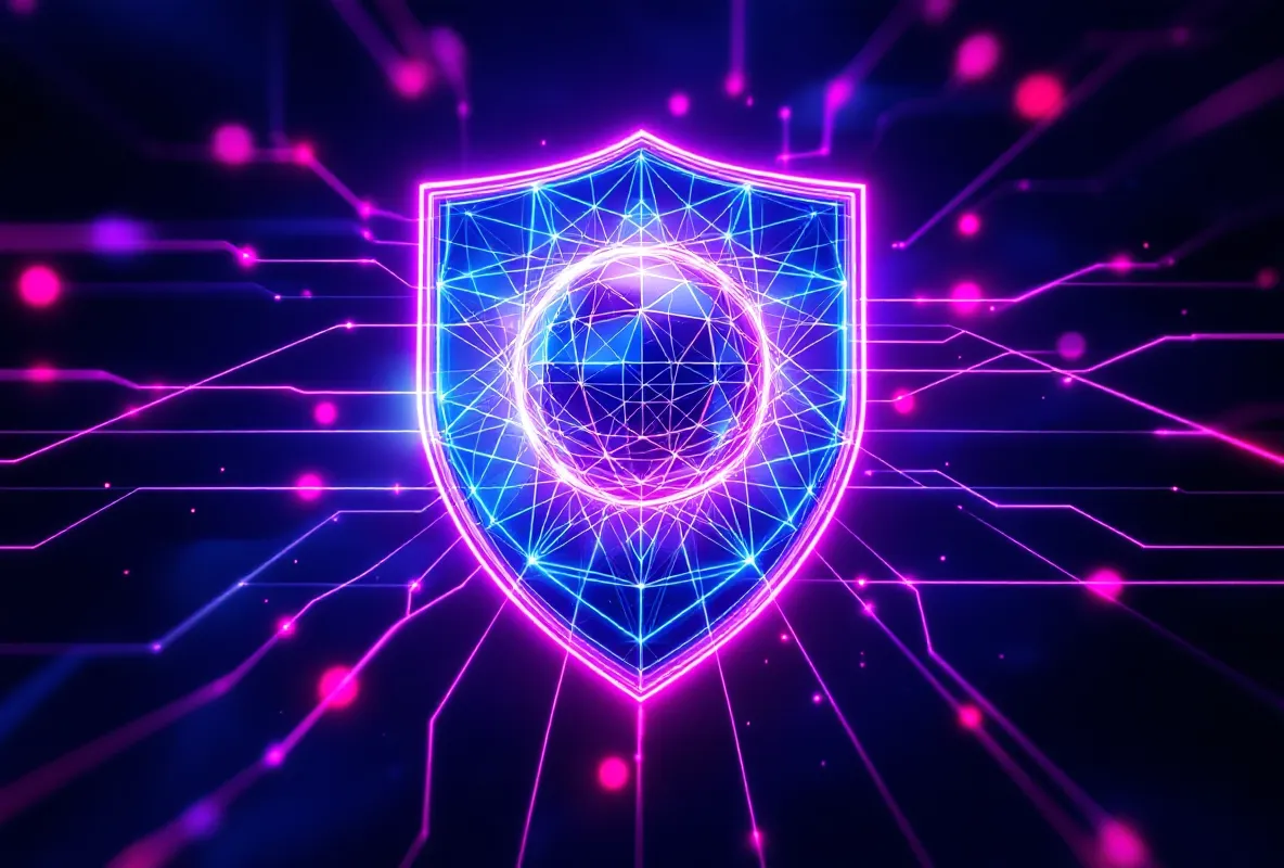 Abstract neon wireframe shield surrounding a glowing molecular core