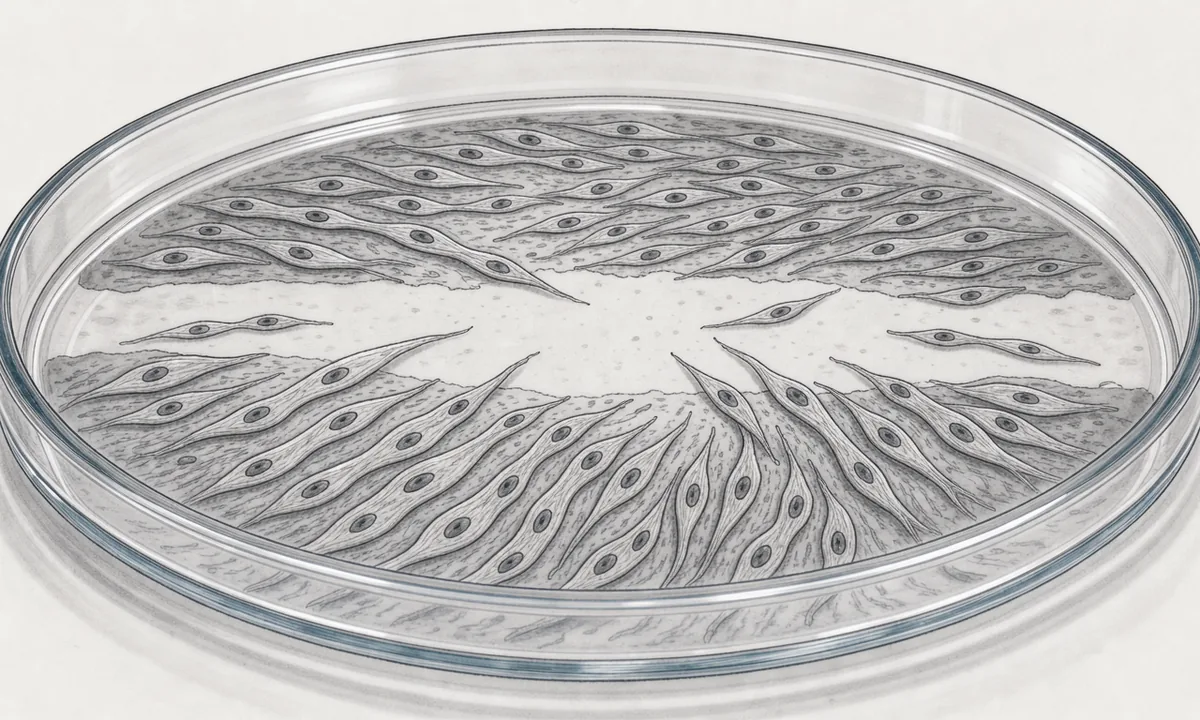 Graphite illustration of spindle-shaped cells around a scratch in a culture dish