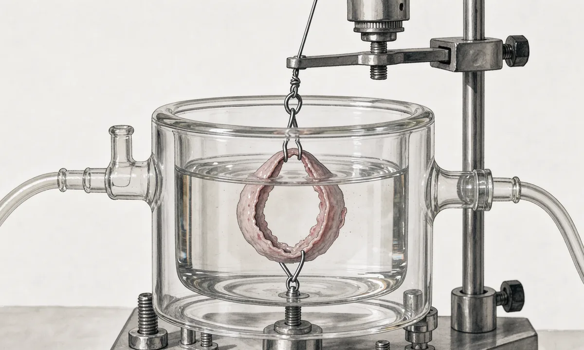 Illustration of a glass organ bath holding a small suspended ring of tissue